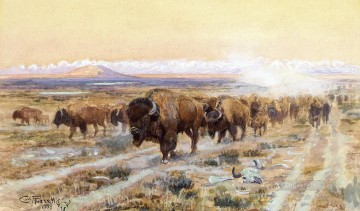  Arles Oil Painting - The Bison Trail cattles western American Charles Marion Russell